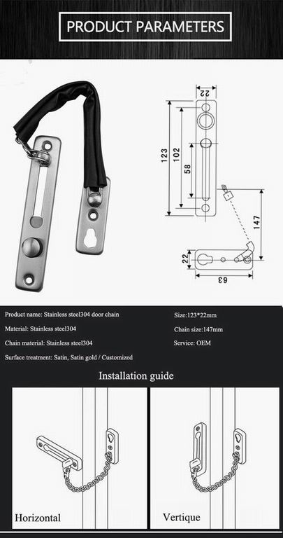 Hotel safty stainless steel 304 door chain Lock with high quality